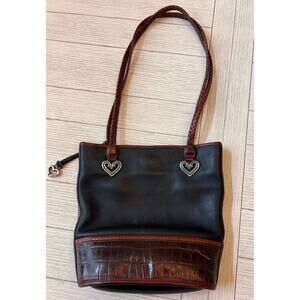 Brighton vintage 90s‎ leather bucket bag, black & brown w/ silver hearts.